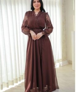 أوبرا فاشن - فستان سهرة شيفون بني غامق بأكمام دانتيل طويلة وفخمة