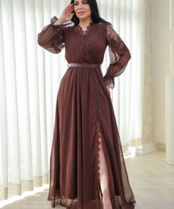 Alternative view of أوبرا فاشن - فستان سهرة شيفون بني غامق بأكمام دانتيل طويلة وفخمة