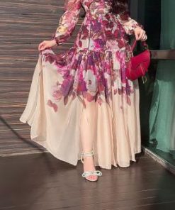 أوبرا فاشن - فستان شيفون مشجر اكمام طويلة ومزين بفصوص