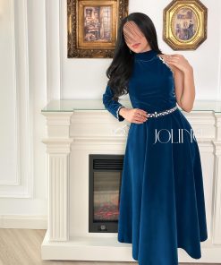 جولينا - فستان ميدي جوخ تركوازي بالفصوص