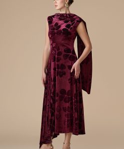 اكتان - فستان برغندي ميدي بوشاح كتف أنيق