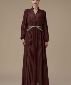 اكتان - فستان طويل بني بكسرات