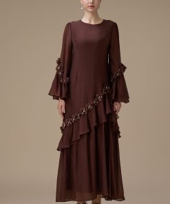 Alternative view of اكتان - جلابية طويلة بني بتفاصيل زهور