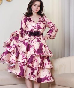 Alternative view of أوبرا فاشن - فستان لف مشجر طبقات اكمام طويلة قماش حرير