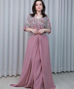 أوبرا فاشن - جلابية سهرة زهري شيفون مزينة بشك وترتر يدوي