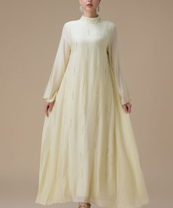 اكتان - جلابية طويلة اصفر فاتح بتطريز ناعم