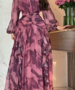 أوبرا فاشن - فستان سهرة طويل شيفون مشجر باكسسوار بالكتف ودرابية