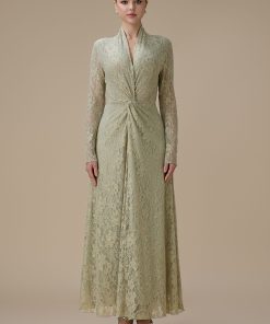 اكتان - فستان اخضر فاتح طويل دانتيل