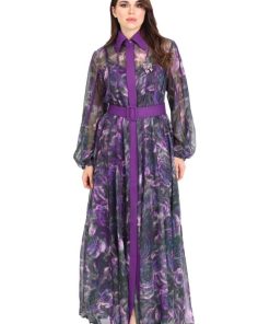 تريجر آيلاند - فستان طويل شيفون مشجر بحزام عريض