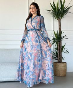 Alternative view of أوبرا فاشن - فستان طويل لف قماش شيفون مشجر اكمام طويله وبالكتف دانتيل