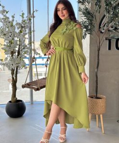 Alternative view of أوبرا فاشن - فستان ليموني مزين بالكتف بورود ثلاثية الابعاد اكمام طويلة