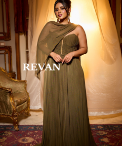 ريفان - فستان سهرة ملكي بطيّات درابية متناغمة+شال