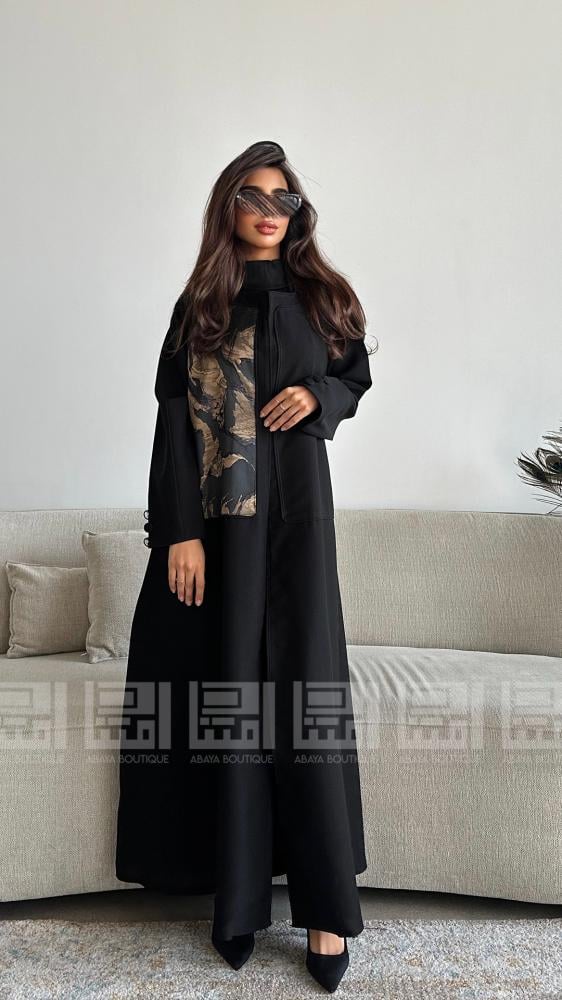 دار امتنان - عباية كلوش سوداء باردة بتداخل جاكار بني- 1473 - Image 6