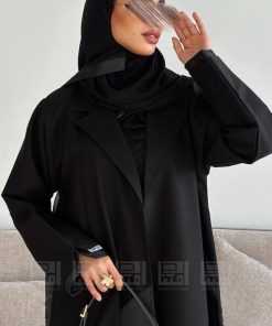 دار امتنان - عباية سوداء بقماش الليمار بتداخل قماش التفتة و الأورجانزا- 1542