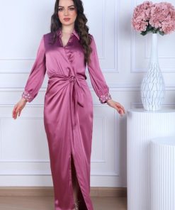 Alternative view of أوبرا فاشن - فستان ستان حرير اكمام طويلة مزينة بكرستال وفيونكة في الخصر