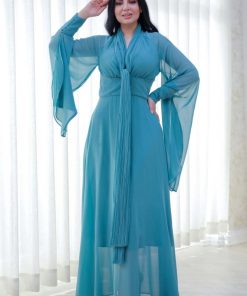 Alternative view of أوبرا فاشن - فستان طويل لون تيفاني قماش كريب شيفون بأكمام طويله وكسرات اسفل الصدر