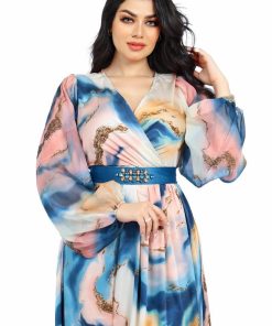 Alternative view of تريجر آيلاند - فستان مشجر طويل بالوان متعددة بحزام مرصع بالكريستال الصناعي