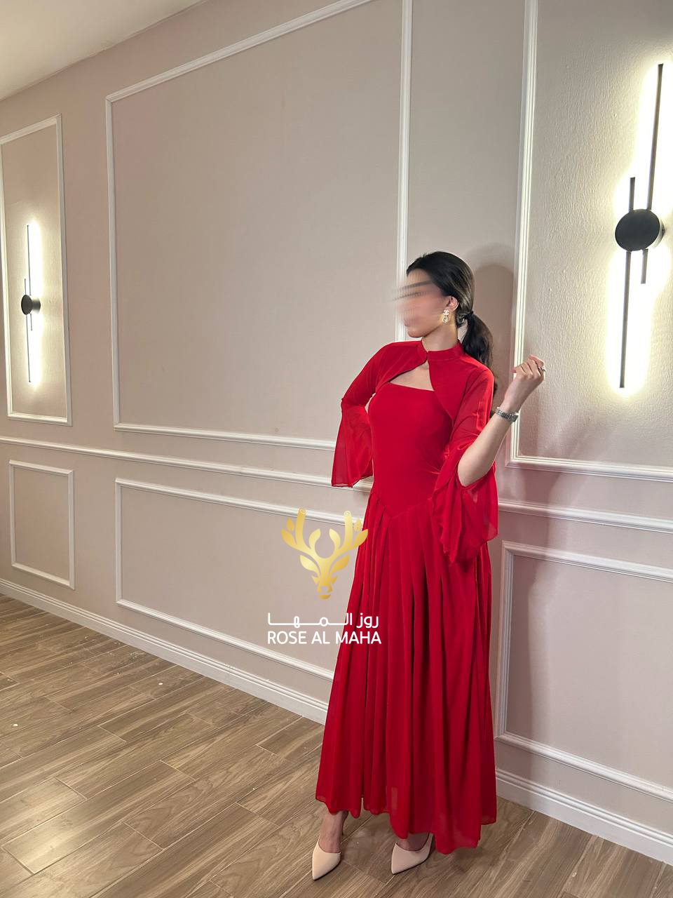 روز المها - فستان شيفون أحمر بقطعتين وأكمام واسعه - Image 3