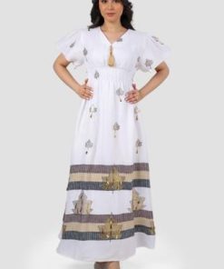 أوبرا فاشن - جلابية كويتية لون ابيض ميدي مزينة بترتر على زم بالخصر