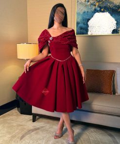 بينوش - فستان ناعم ميد بقصه اوف شولدر مزينه بالإكسسوار ستايل كلوش