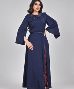 أوبرا فاشن - فستان ناعم طويل لون كحلي قماش مطرز في الرقبة و حزام على الخصر