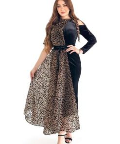 أوبرا فاشن - فستان سهرة مخمل بطبعات اورجانزا تايجر وتصميم كتف مكشوف