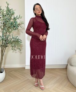 جولينا - طقم برغندي براق بأكمام شفافة