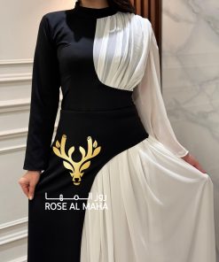 Alternative view of روز المها - فستان ابيض واسود بأكمام طويلة