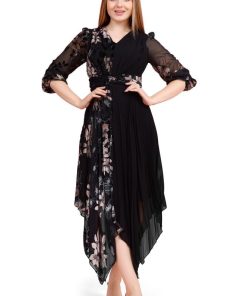 تريجر آيلاند - فستان ميد مشجر بلمسة مخمليه مع حزام مثبت من الخصر بكسرات اكمام شيفون