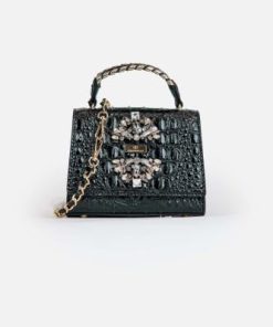 أوبرا فاشن - شنطة يد ماركة كريسبلا مرصعة بالأحجار بجلد فاخر لون اسود