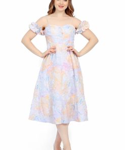 تريجر آيلاند - فستان ميدي اوف شولدر و كشكشة على الاكتاف