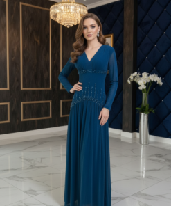 أوبرا فاشن - فستان سهرة تركواز تل استرتش بأكمام طويلة - تطريز لؤلؤ وكريستال