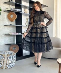 أوبرا فاشن - فستان ميدي اسود دانتيل وبطانه استرتش اكمام طويله وشفافة