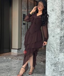 بينوش - فستان تل ناعم استرتش باكمام طويلة ستايل طبقات