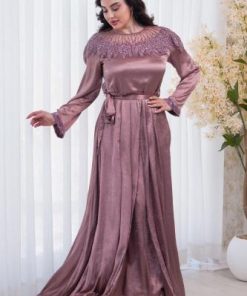 أوبرا فاشن - جلابية سهرة لون زهري ستان حرير مكسر اكمام طويلة