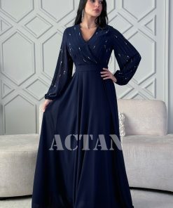 اكتان - فستان ازرق سهرة طويل مزين بالفصوص
