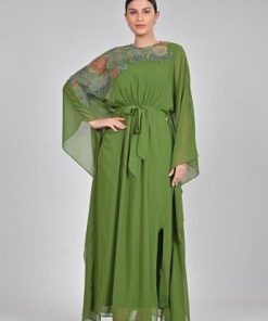 أوبرا فاشن - جلابية طويل شيفون مطرز من الكتف بورد وحزام على الخصر