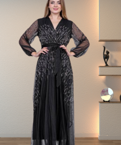 تريجر آيلاند - فستان سهرة شيفون طويل مزين بالكريستال واكمام تل