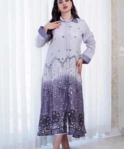 أوبرا فاشن - فستان طويل بياقة قماش لنن مزينة بتطريز وترتر