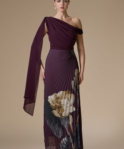 اكتان - فستان عنابي طويل بكتف واحد