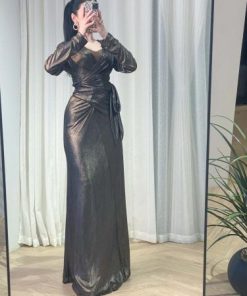 أوبرا فاشن - فستان سهرة طويل خامة لاميه بربطة بالخصر