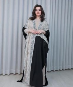 أوبرا فاشن - جلابية نسائية طويلة قطعتين مع ربطة بالخصر لون اسود