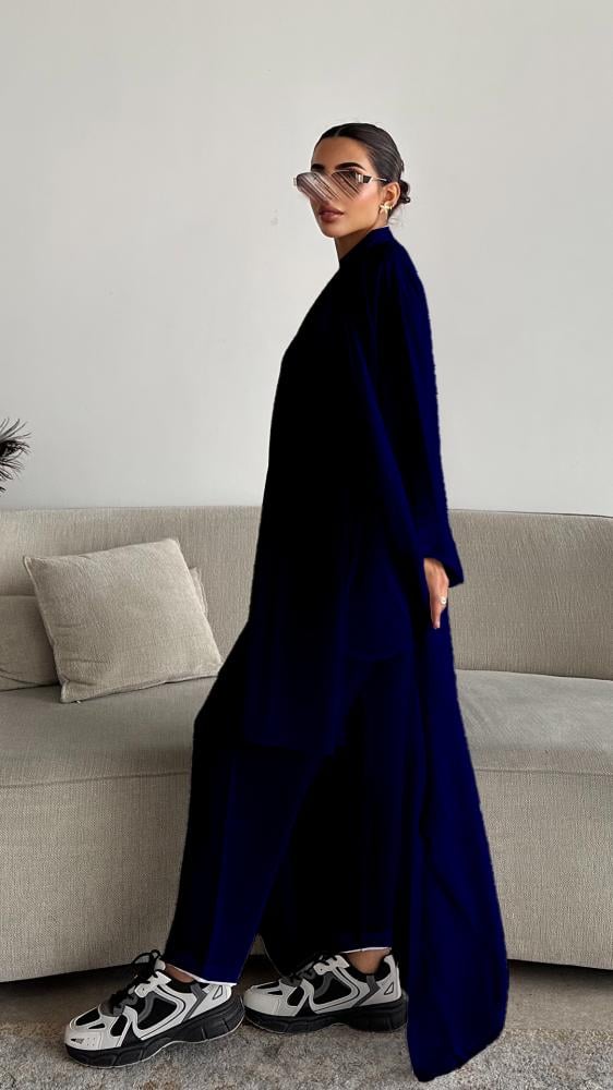 دار امتنان - عباية كحلية صيفية ثلاث قطع بتصميم عصري من الحرير المغسول- 1560