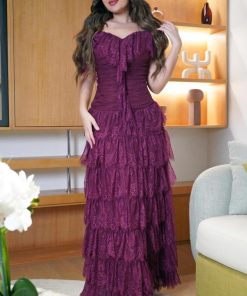 Alternative view of أوبرا فاشن - فستان طويل اوف شولدر برغندي قماش دانتيل