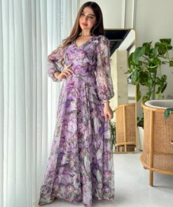 أوبرا فاشن - فستان شيفون مشجر اكمام طويلة على رسمات ورد ثلاثي الابعاد