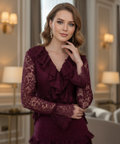 أوبرا فاشن - فستان دانتيل برغندي بطبقات وكشكشة أنيقة بتصميم راقٍ