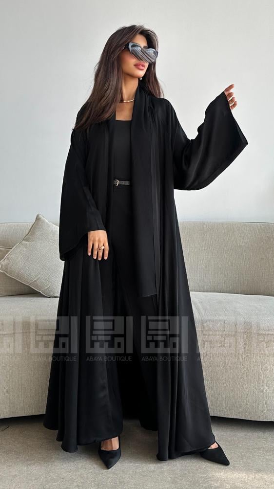 دار امتنان - عباية كلوش سوداء صيفية أنيقة بقماش بودرة- 1321 - Image 8