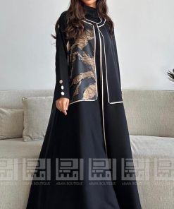 دار امتنان - عباية سوداء كلوش باردة بتداخل جاكار بني و قيطان بيج- 1472