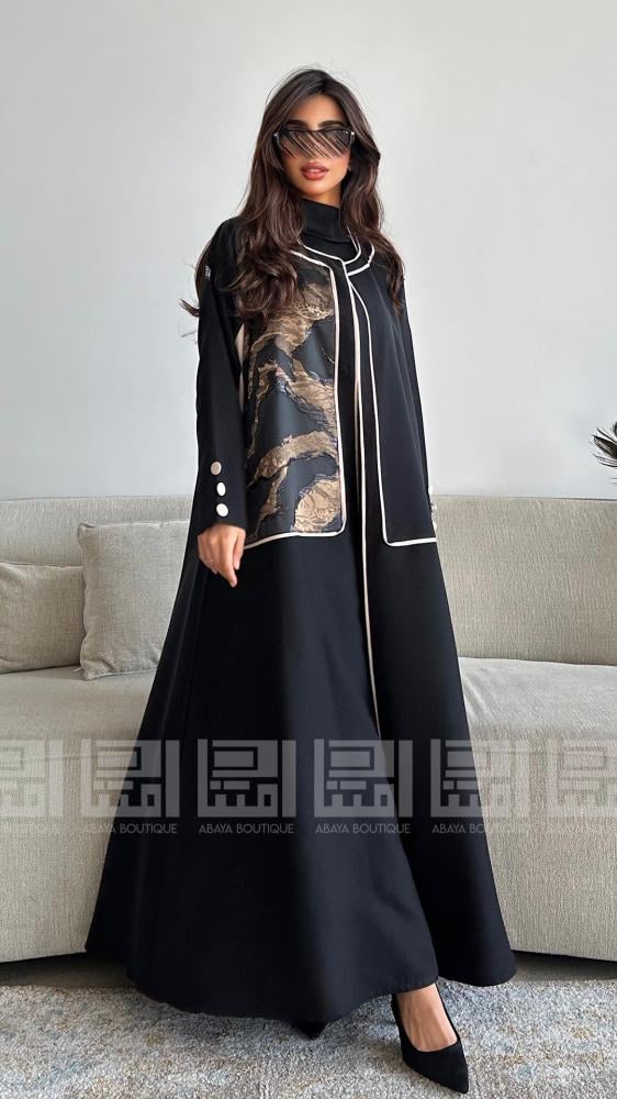 دار امتنان - عباية سوداء كلوش باردة بتداخل جاكار بني و قيطان بيج- 1472