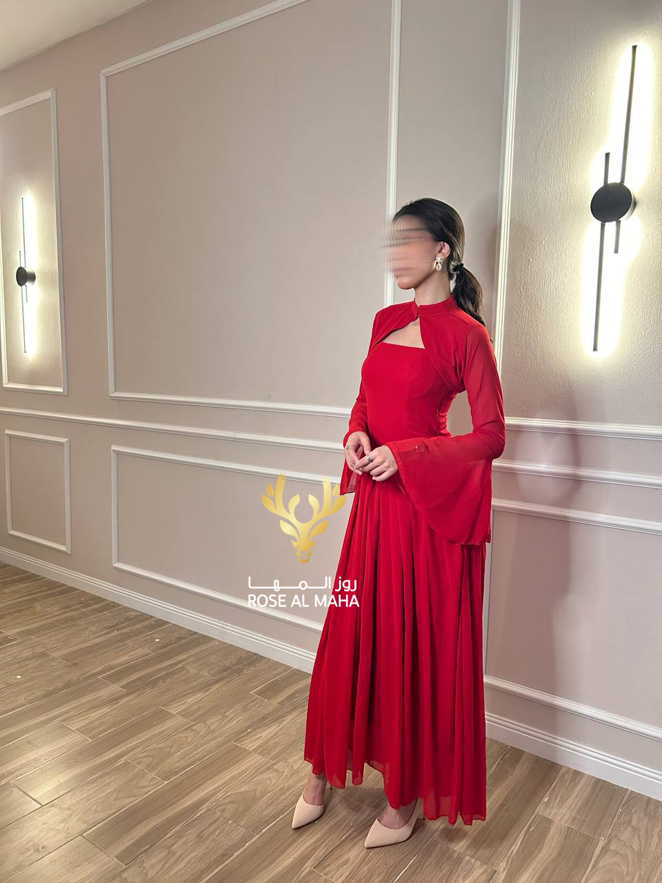 روز المها - فستان شيفون أحمر بقطعتين وأكمام واسعه - Image 6